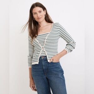 Madewell Carmon Crop Cardigan Striped Teal and Cream Sweater Women's Top